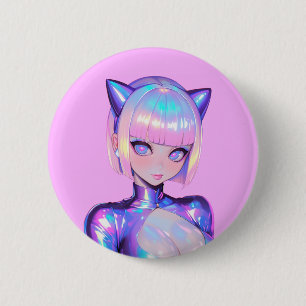 Holographic Catgirl Cyber Pop Portrait 2 Inch Round Button