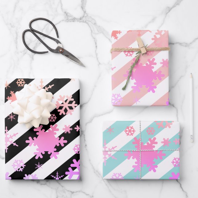 Holographic Christmas Snowflake Pattern Striped  Wrapping Paper Sheet (Front)