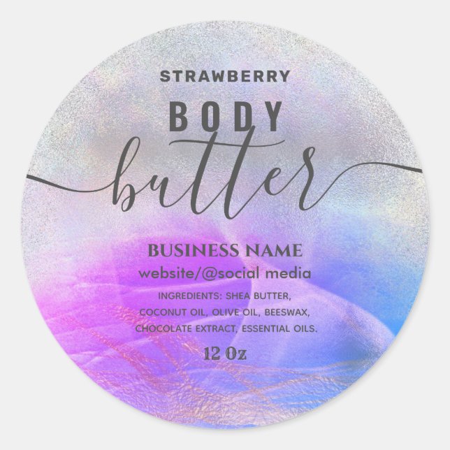 Holographic colourful script body butter label (Front)