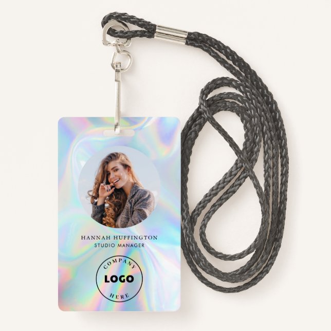 Holographic Company Logo QR Code Employee Photo ID Badge (Front with Lanyard)