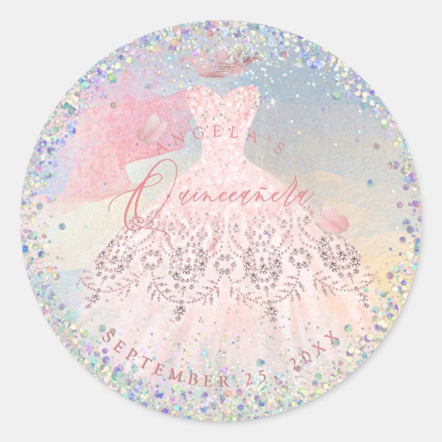 Holographic Confetti Quinceanera Blush Gown Classic Round Sticker (Front)