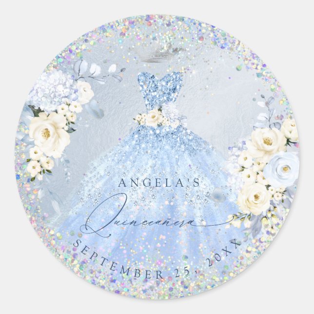 Holographic Confetti Quinceanera Dusty Blue Gown C Classic Round Sticker (Front)