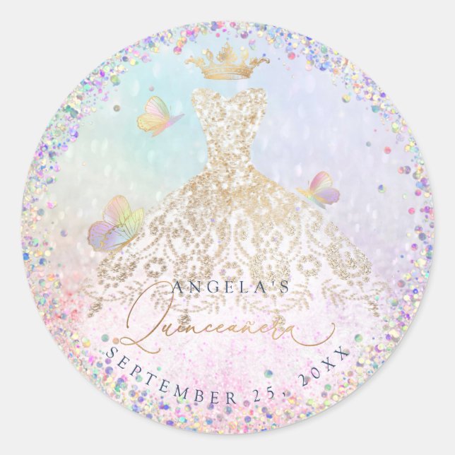 Holographic Confetti Quinceanera White Gold Gown C Classic Round Sticker (Front)