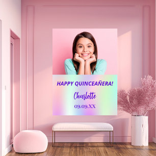 Holographic custom photo Quinceanera party welcome Poster