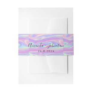Holographic Delicate Name Date Wedding Minimal Invitation Belly Band