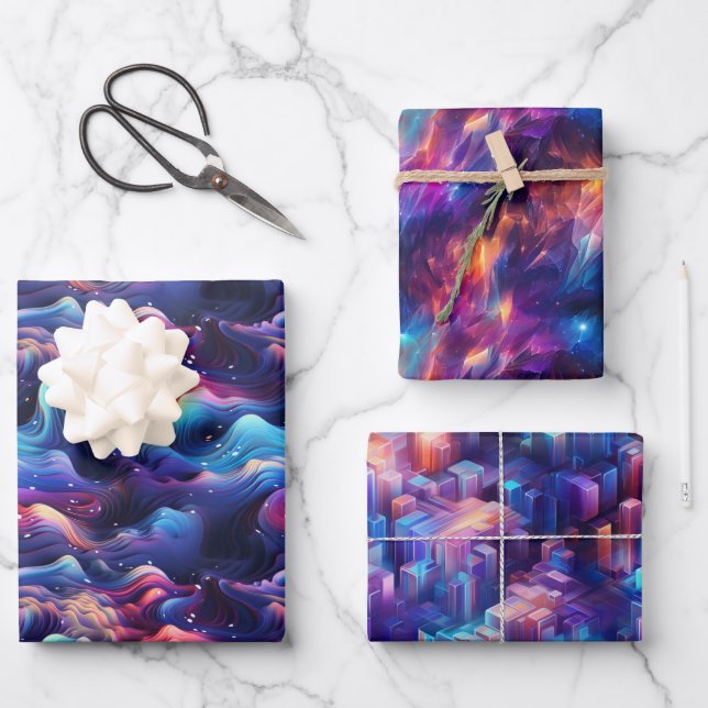 Holographic Dreamscape: 3D Iridescent Design Wrapping Paper Sheet (Front)