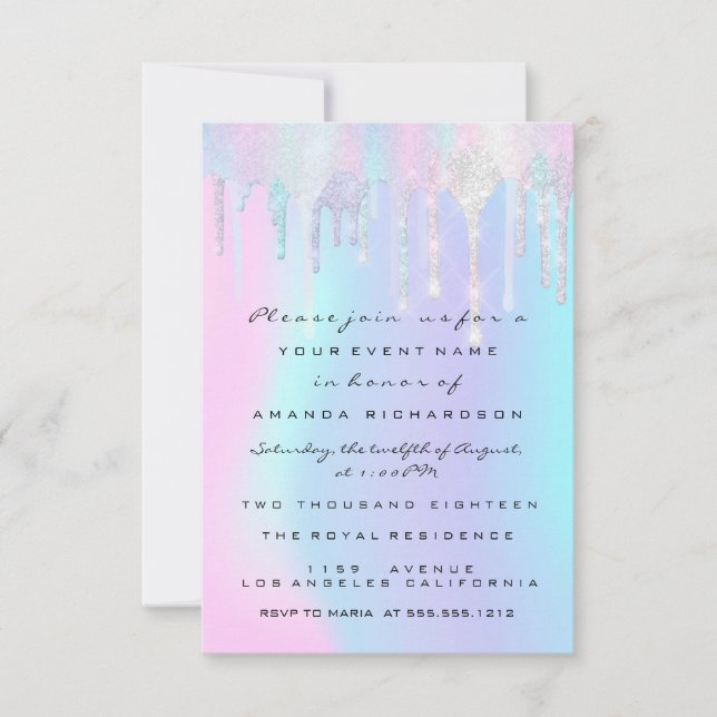 Holographic Drips Pink Unicorn Sweet 16th Mermaid Invitation (Front)