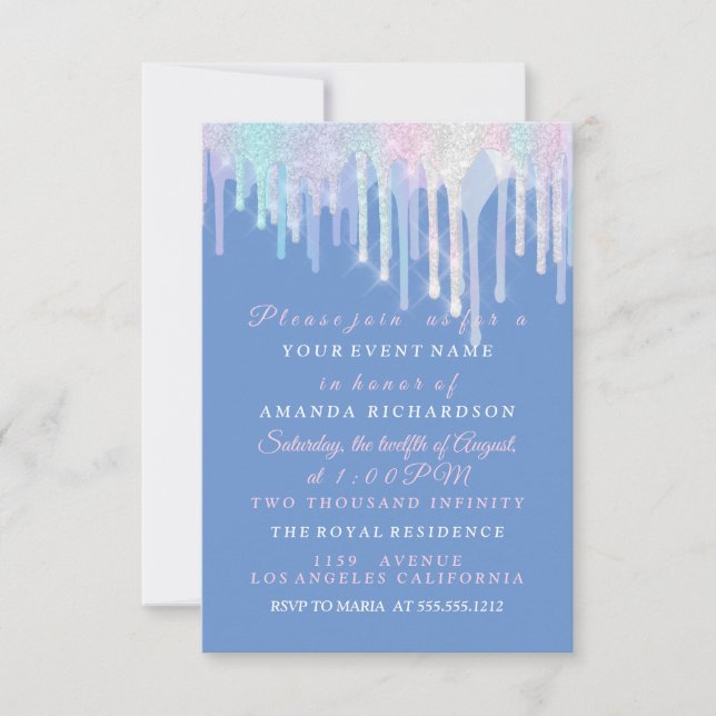 Holographic Drips Unicorn Pink Blue Quinceanera Invitation (Front)