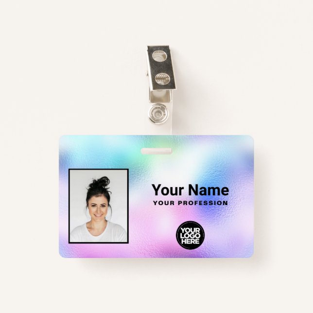 Holographic Employee Photo, Bar Code, Logo, Name Badge (Front with Clip)