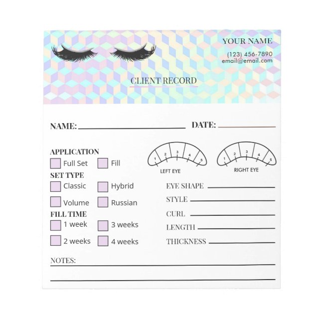 Holographic Eyelash Client Record Form Notepad (Front)