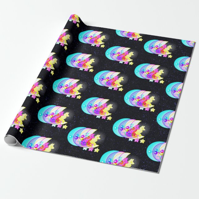 Holographic Fox in Moon with Star Wrapping Paper (Unrolled)
