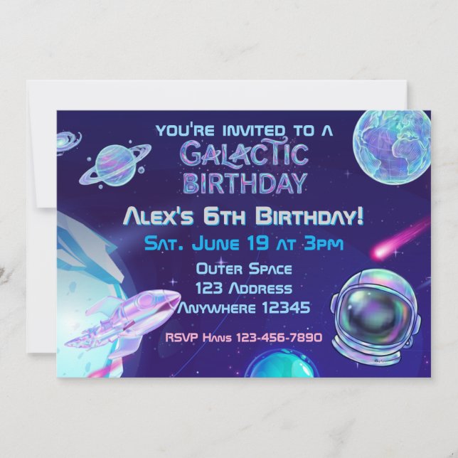 Holographic Galactic Space Birthday Invitation (Front)