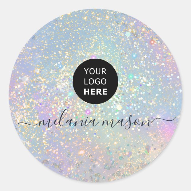 Holographic Glam Glitter Elegant Sparkles Logo Classic Round Sticker (Front)