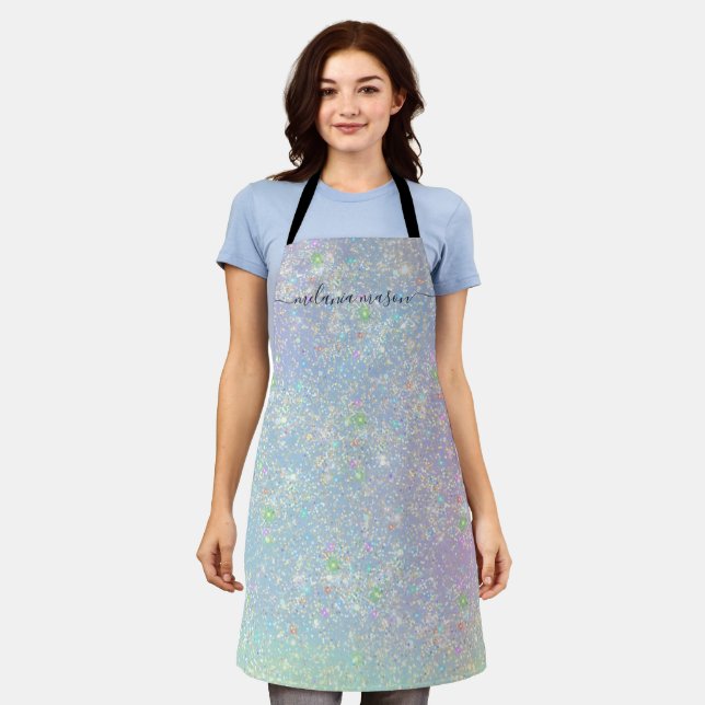 Holographic Glam Glitter Elegant Sparkles Monogram Apron (Worn)
