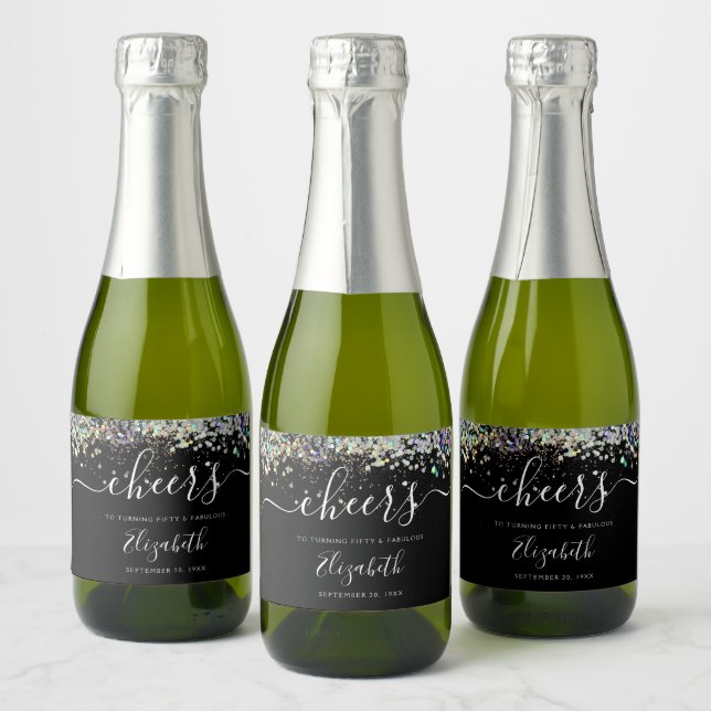 Holographic Glitter Cheers Fifty Fabulous Birthday Sparkling Wine Label (Bottles)