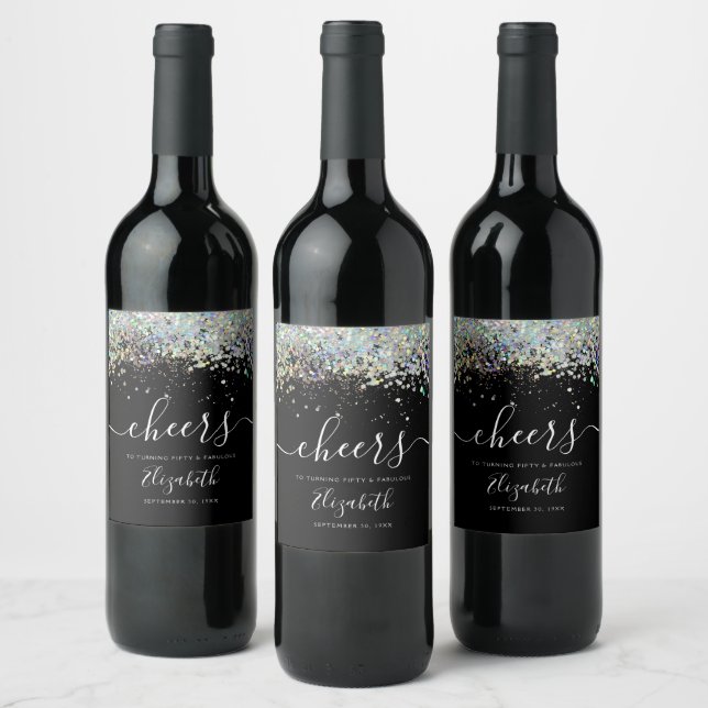 Holographic Glitter Cheers Fifty Fabulous Birthday Wine Label (Bottles)
