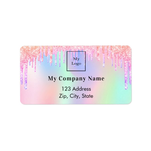 Holographic glitter drips business return address label (Front)