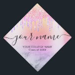 Holographic Glitter Drips Elegant Chic Typography Graduation Cap Topper<br><div class="desc">Personalized name Trendy Glitter Holographic Rainbow Colourful glitter drips marble typography script Graduation Cap Topper. Fabulous elegant chic template design with script calligraphy text, pink, orange, yellow and purple drips glitters and eye-catching pastel rainbow sleek faux foil background on white marble texture. Custom this feminine graduation cap topper design adding...</div>