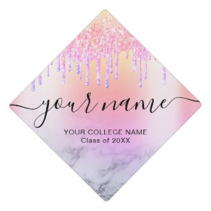 Holographic Glitter Drips Elegant Chic Typography Graduation Cap Topper
