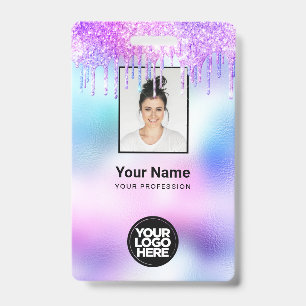 Holographic Glitter Drips Employee Photo Logo Name Badge