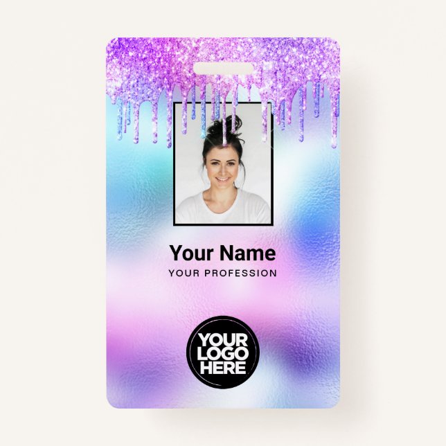 Holographic Glitter Drips Employee Photo Logo Name Badge (Front)