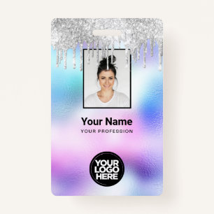 Holographic Glitter Drips Employee Photo Logo Name Badge