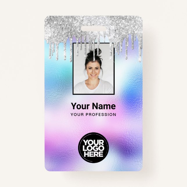 Holographic Glitter Drips Employee Photo Logo Name Badge (Front)