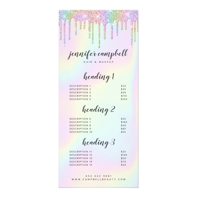 Holographic glitter drips glam salon service menu (Front)