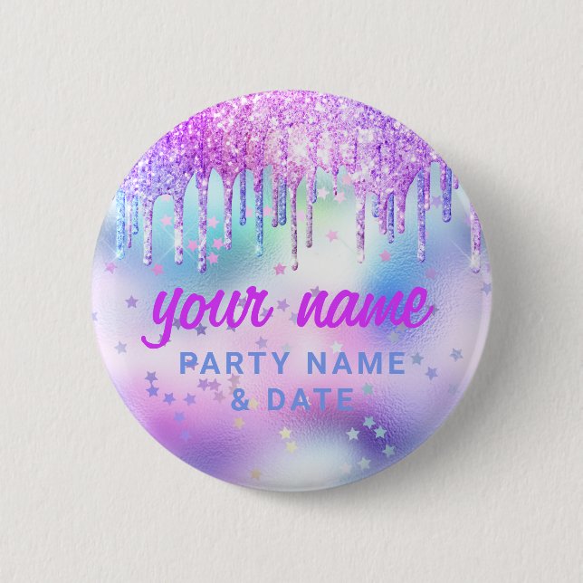 Holographic Glitter Drips Purple Party Name Favour 2 Inch Round Button (Front)