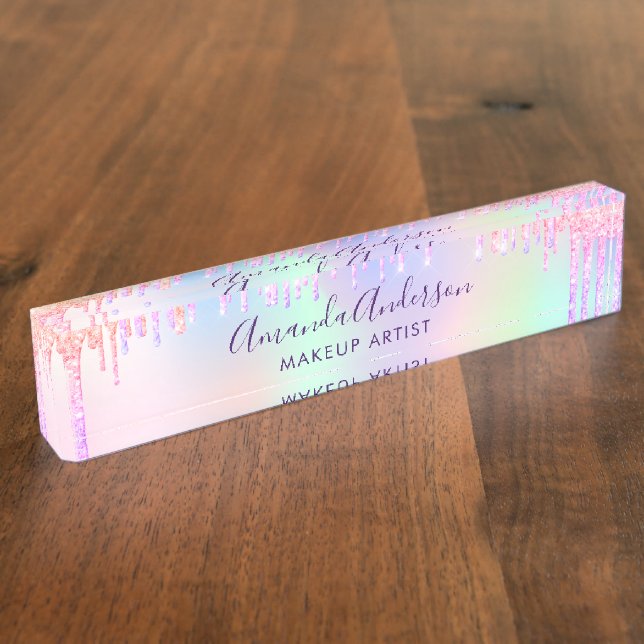 Holographic glitter drips unicorn rainbow beauty nameplate (Side)
