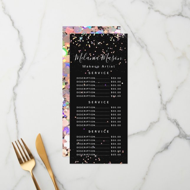 Holographic Glitter Makeup Artist Black Price Menu (Front/Back In Situ)