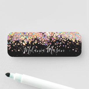 Holographic Glitter Makeup Artist Elegant Black  Name Tag