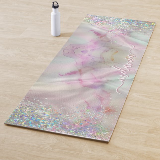 Holographic Glitter Marbled Pastel Alcohol Ink Yoga Mat (In Situ)