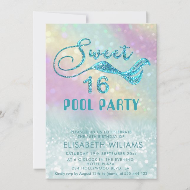 Holographic glitter mermaid tail pool party invitation (Front)