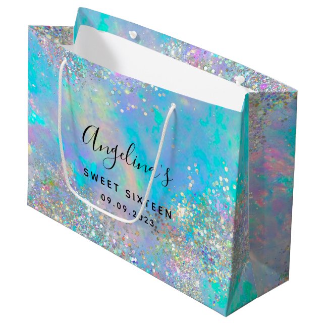 Holographic Glitter Opal Sweet Sixteen Large Gift Bag (Front Angled)