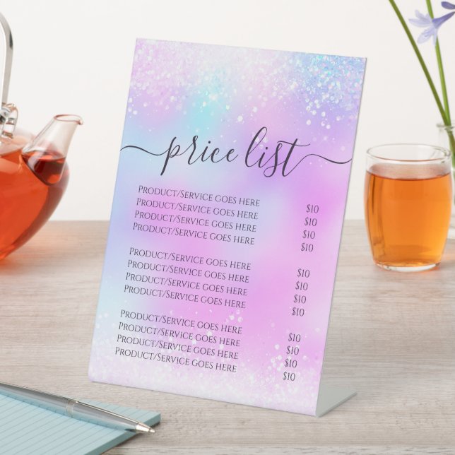 Holographic Glitter Pastel Girly Price List Pedestal Sign (In SItu)