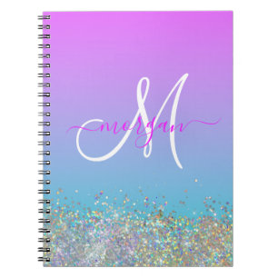 Holographic Glitter Purple Blue Ombre Monogram Notebook