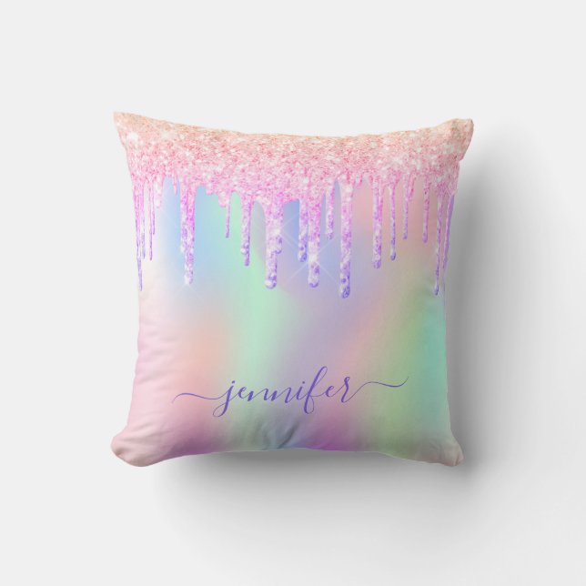 Holographic glitter rainbow monogram pink sparkle throw pillow (Front)