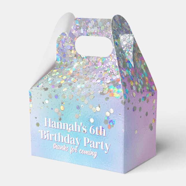 Holographic Glitter Rainbow Pastels Birthday Name Favor Box (Front Side)