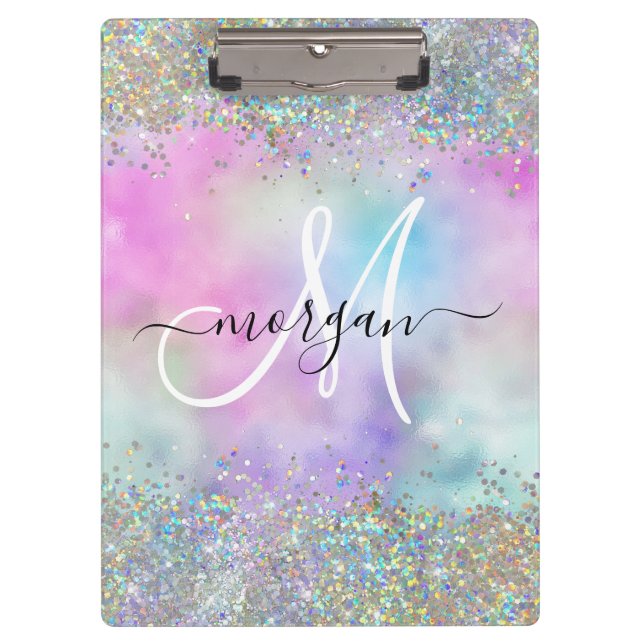 Holographic Glitter Rainbow Pastels Monogram Clipboard (Front)
