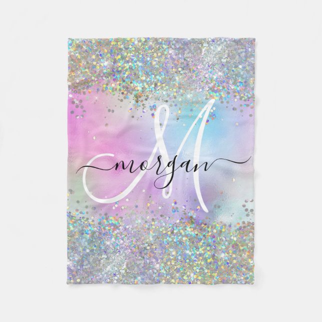 Holographic Glitter Rainbow Pastels Monogram Fleece Blanket (Front)