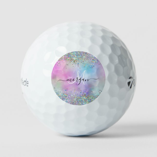 Holographic Glitter Rainbow Pastels Monogram Golf Balls (Front)