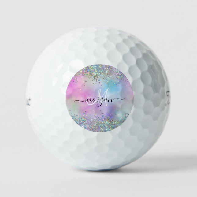 Holographic Glitter Rainbow Pastels Monogram Golf Balls (Front)