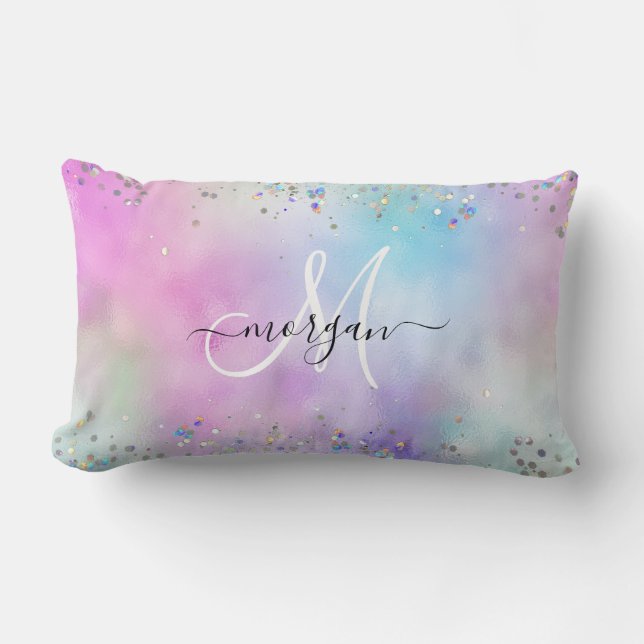 Holographic Glitter Rainbow Pastels Monogram Lumbar Pillow (Front)