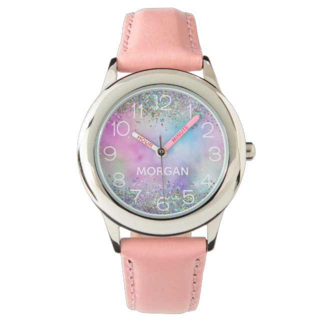 Holographic Glitter Rainbow Pastels Monogram Name Watch (Front)