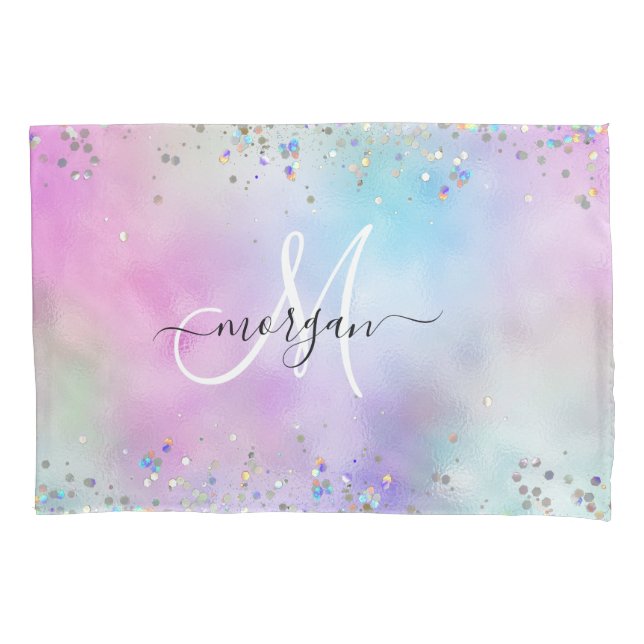 Holographic Glitter Rainbow Pastels Monogram Pillowcase (Front)