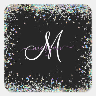 Holographic Glitter Rainbow Pastels Monogram Square Sticker