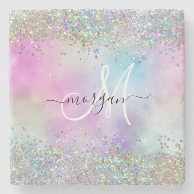 Holographic Glitter Rainbow Pastels Monogram Stone Coaster (Front)