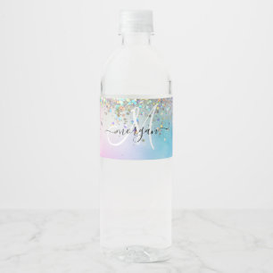 Holographic Glitter Rainbow Pastels Monogram Water Bottle Label