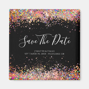 Holographic Glitter Save The Date Elegant Black Magnet